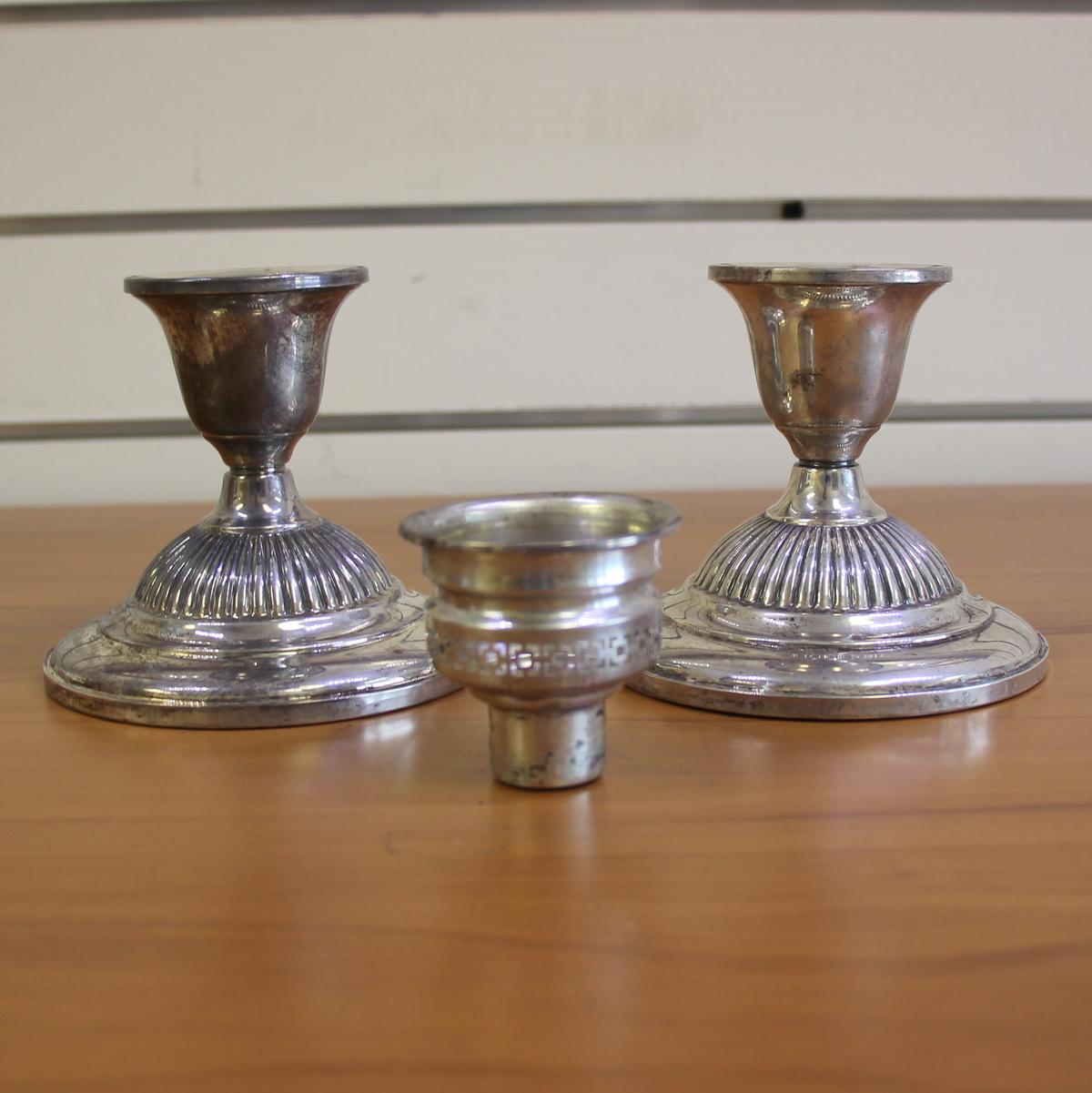 Fisher Silversmiths Hurricane Lamp Candlestick Holders Set Of 2 In .925 Sterling Silver