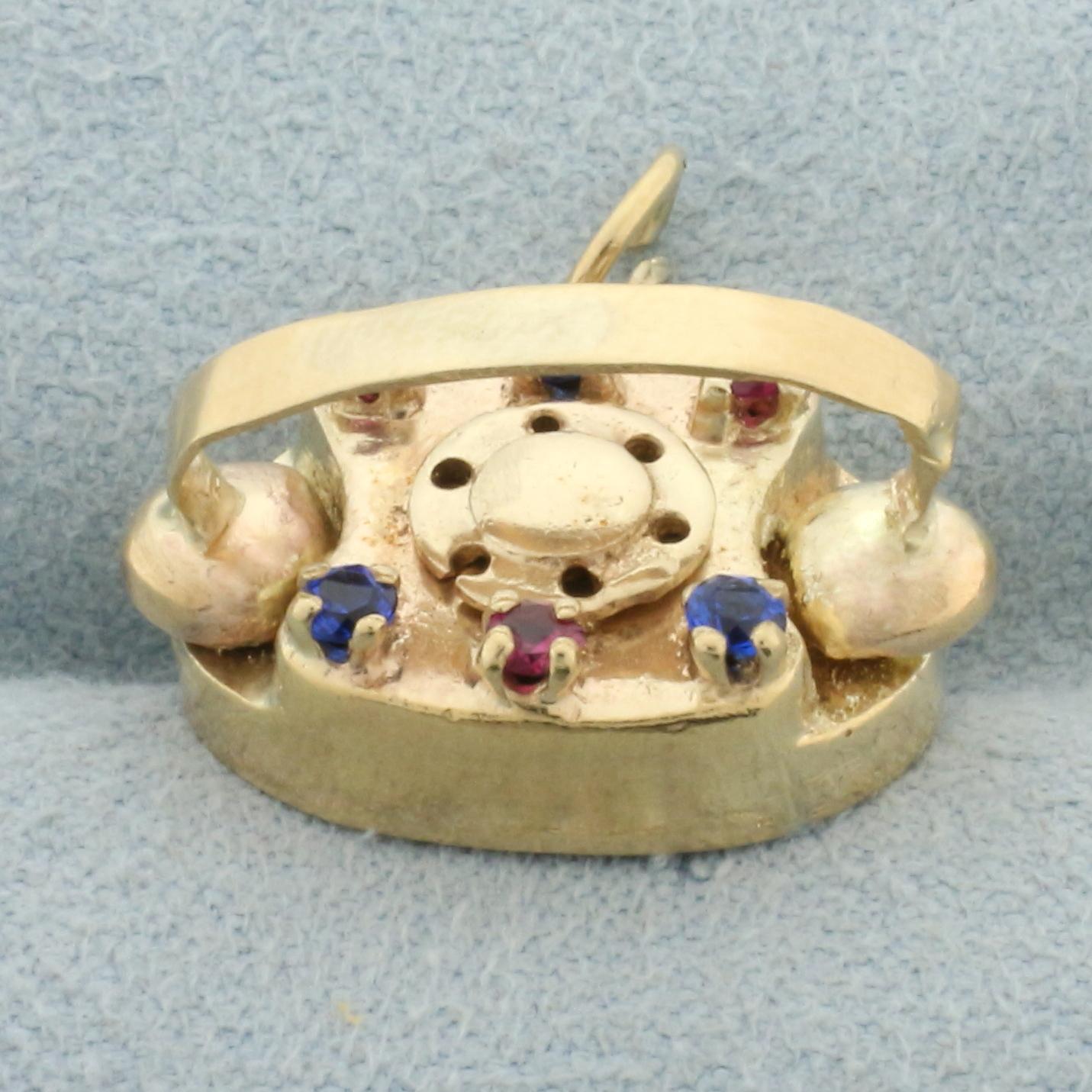 Sapire And Ruby Rotary Telephone Charm In 14k Yellow Gold