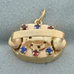 Sapire And Ruby Rotary Telephone Charm In 14k Yellow Gold
