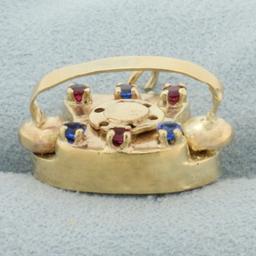Sapire And Ruby Rotary Telephone Charm In 14k Yellow Gold