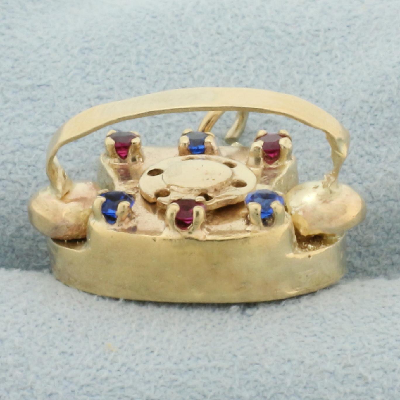 Sapire And Ruby Rotary Telephone Charm In 14k Yellow Gold