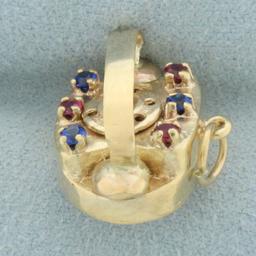 Sapire And Ruby Rotary Telephone Charm In 14k Yellow Gold