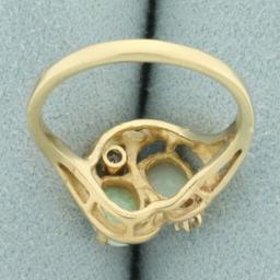 Double Opal And Diamond Ring In 14k Yellow Gold