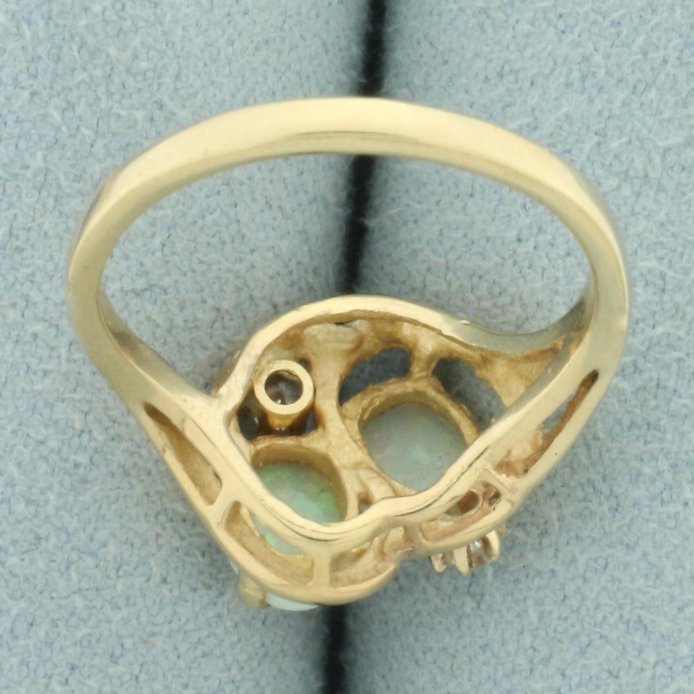 Double Opal And Diamond Ring In 14k Yellow Gold