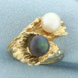 Designer Tahitian And Akoya Cultured Pearl Bypass Ring In 14k Yellow Gold