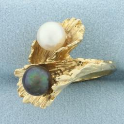 Designer Tahitian And Akoya Cultured Pearl Bypass Ring In 14k Yellow Gold