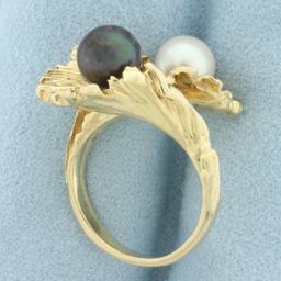 Designer Tahitian And Akoya Cultured Pearl Bypass Ring In 14k Yellow Gold