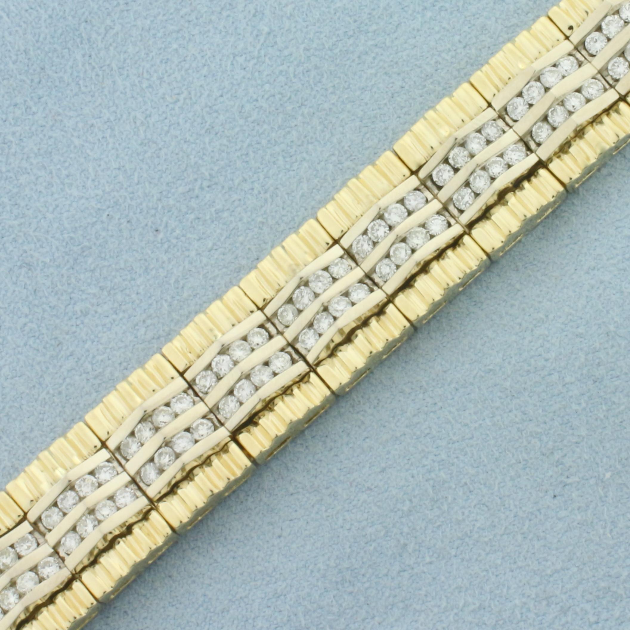 Diamond Two Tone Tread Design Statement Bracelet In 14k Yellow Gold