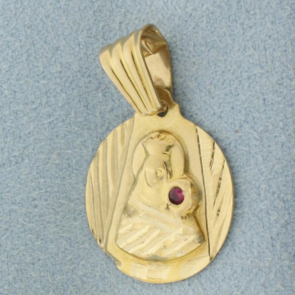 Saint Barbara Ruby Protection Pendant In 10k Yellow Gold