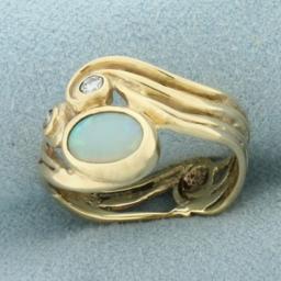 Vintage Opal And Diamond Ring In 10k Yellow Gold