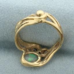 Vintage Opal And Diamond Ring In 10k Yellow Gold