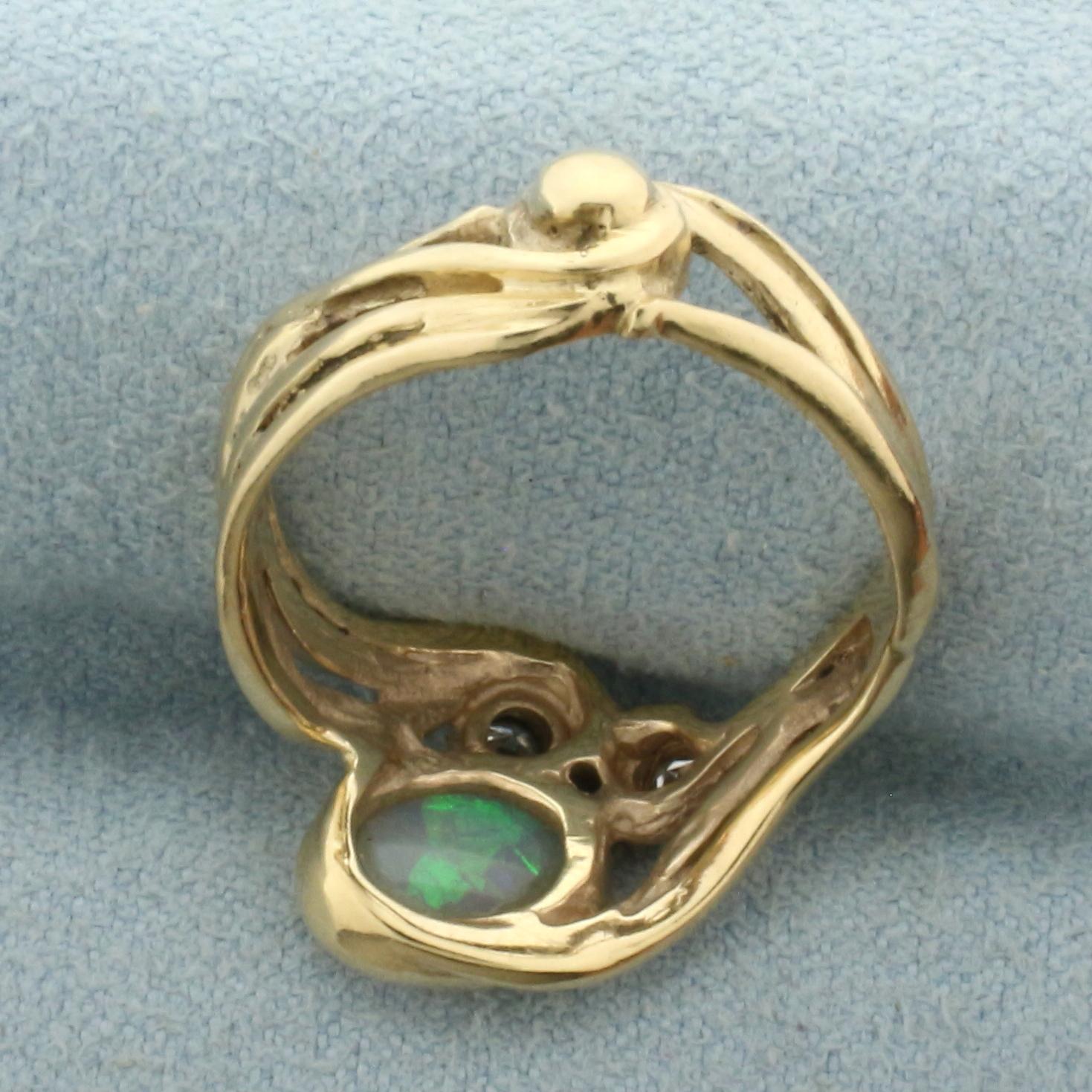 Vintage Opal And Diamond Ring In 10k Yellow Gold
