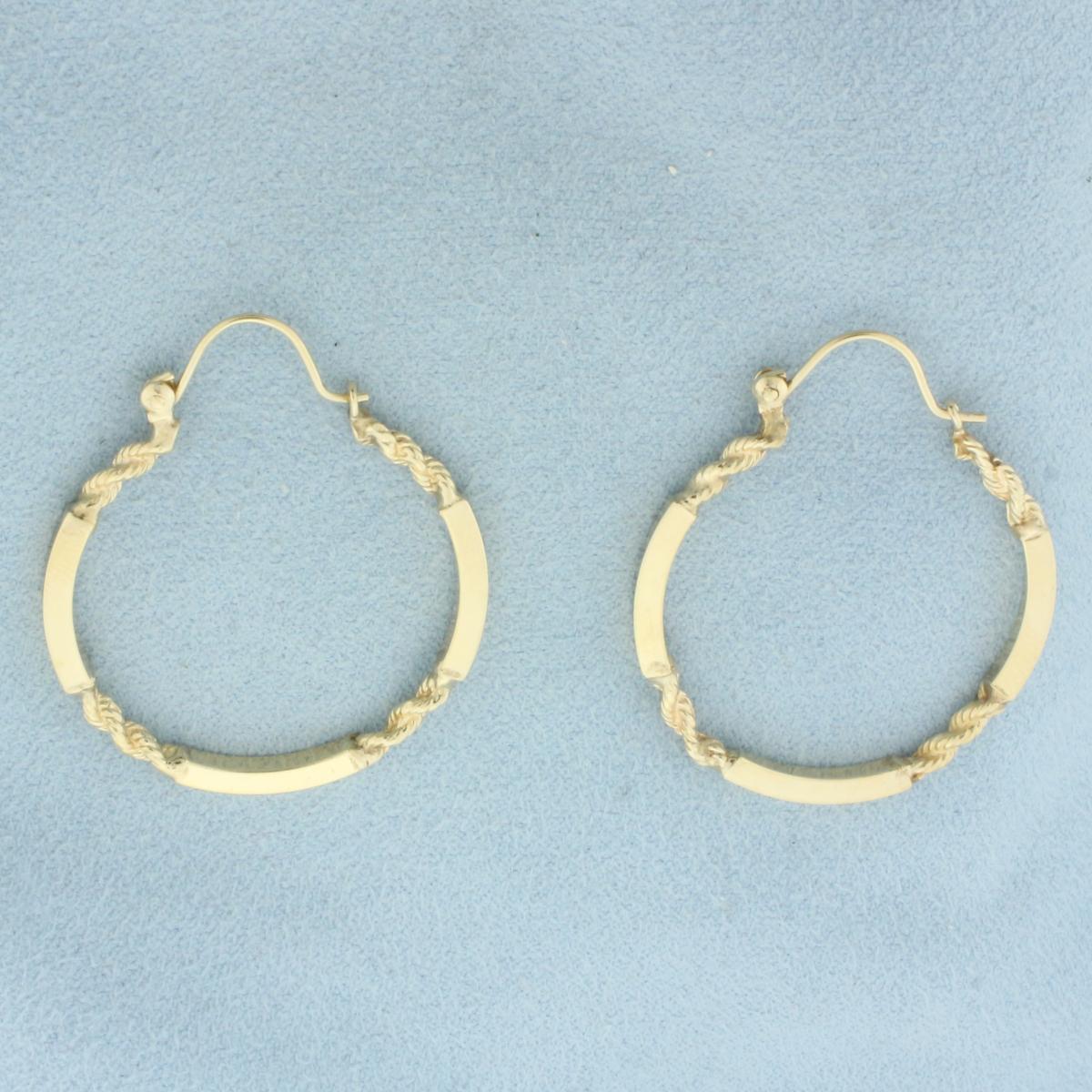 Unique Bar And Rope Hoop Earrings In 14k Yellow Gold