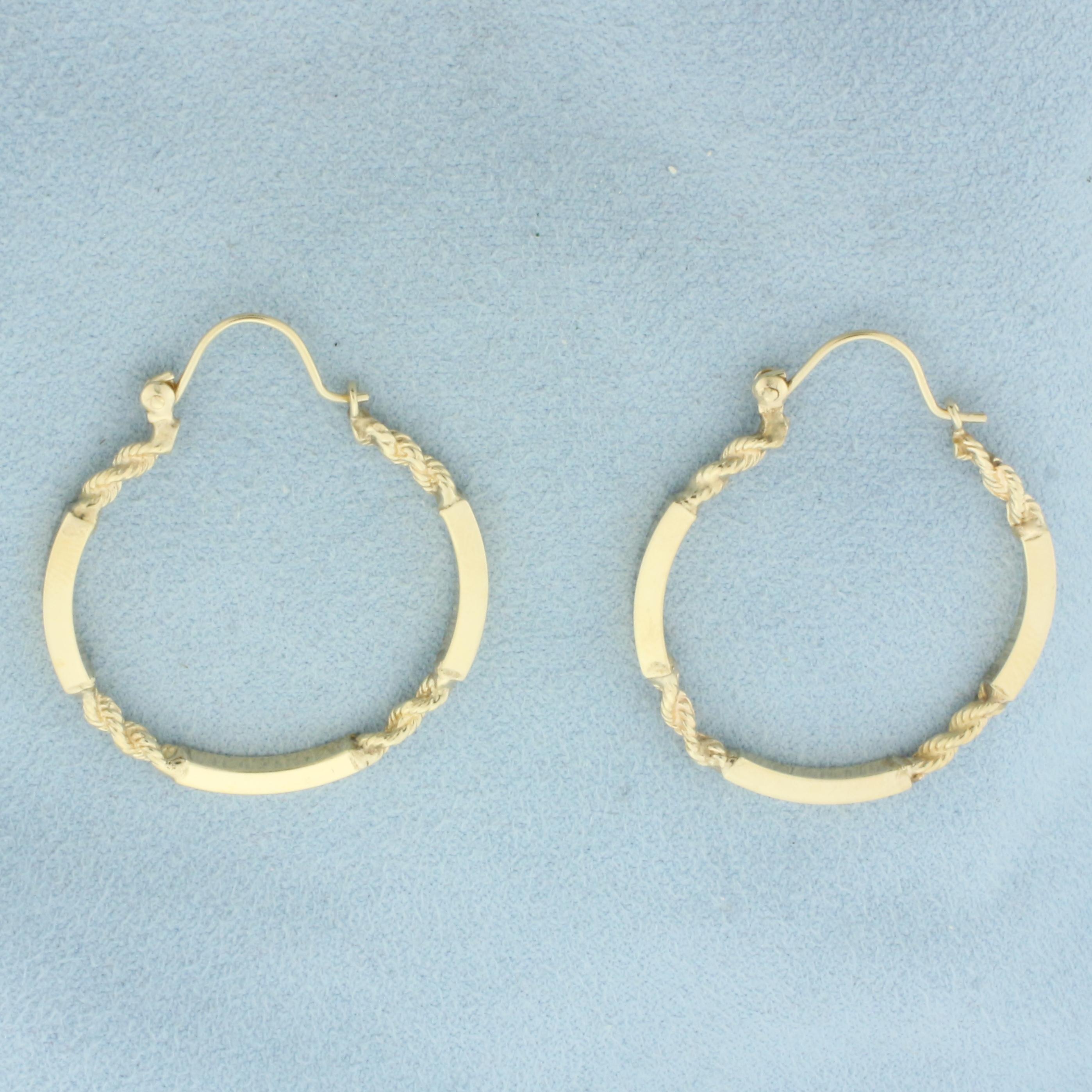 Unique Bar And Rope Hoop Earrings In 14k Yellow Gold