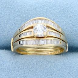 Vintage Baguette And Round Diamond Engagement Ring In 14k Yellow Gold
