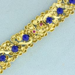 Designer Vintage Ruby And Lapis Lazuli Bracelet In 14k Yellow Gold