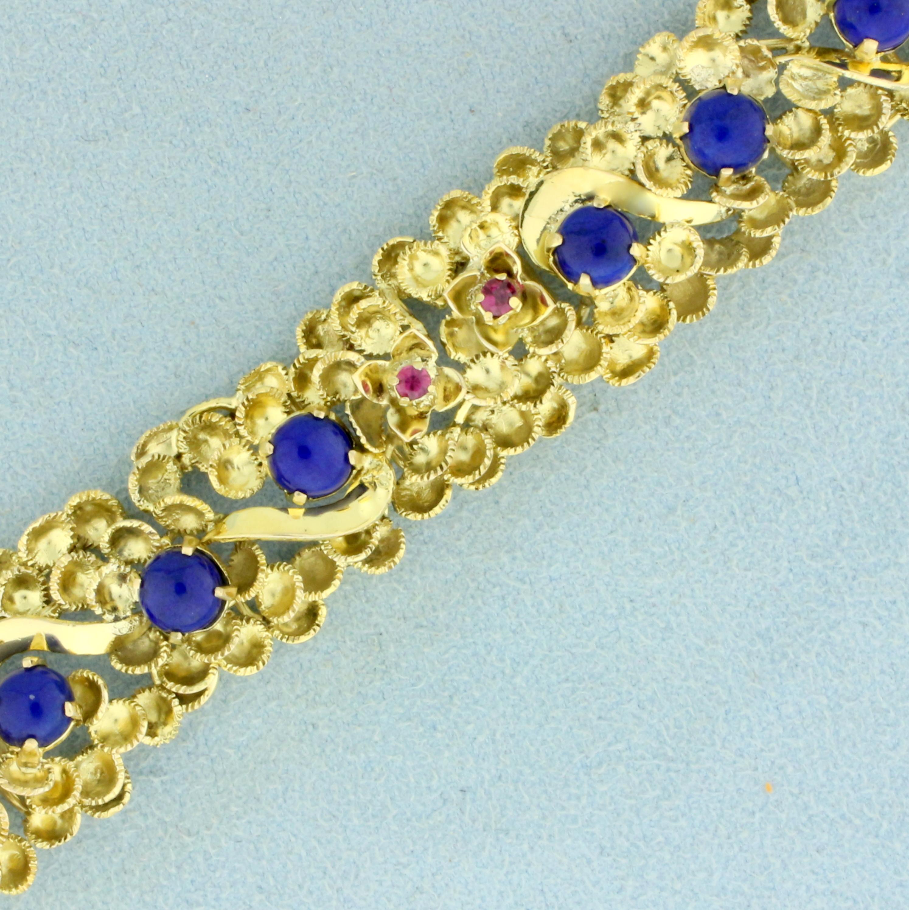 Designer Vintage Ruby And Lapis Lazuli Bracelet In 14k Yellow Gold