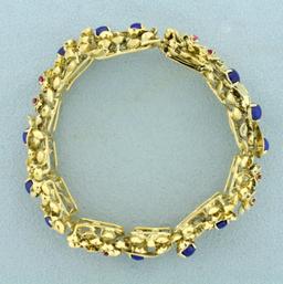 Designer Vintage Ruby And Lapis Lazuli Bracelet In 14k Yellow Gold