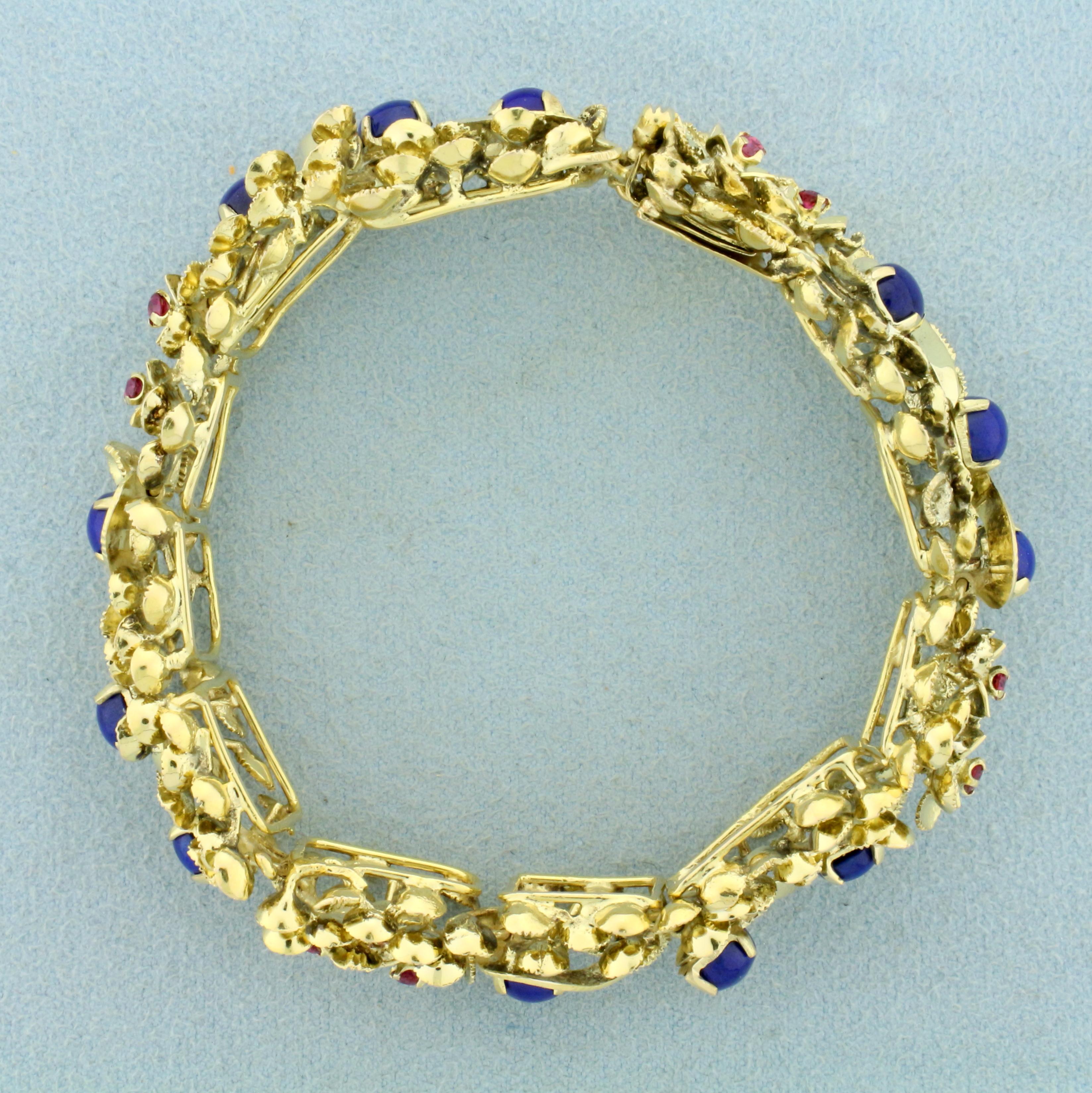 Designer Vintage Ruby And Lapis Lazuli Bracelet In 14k Yellow Gold