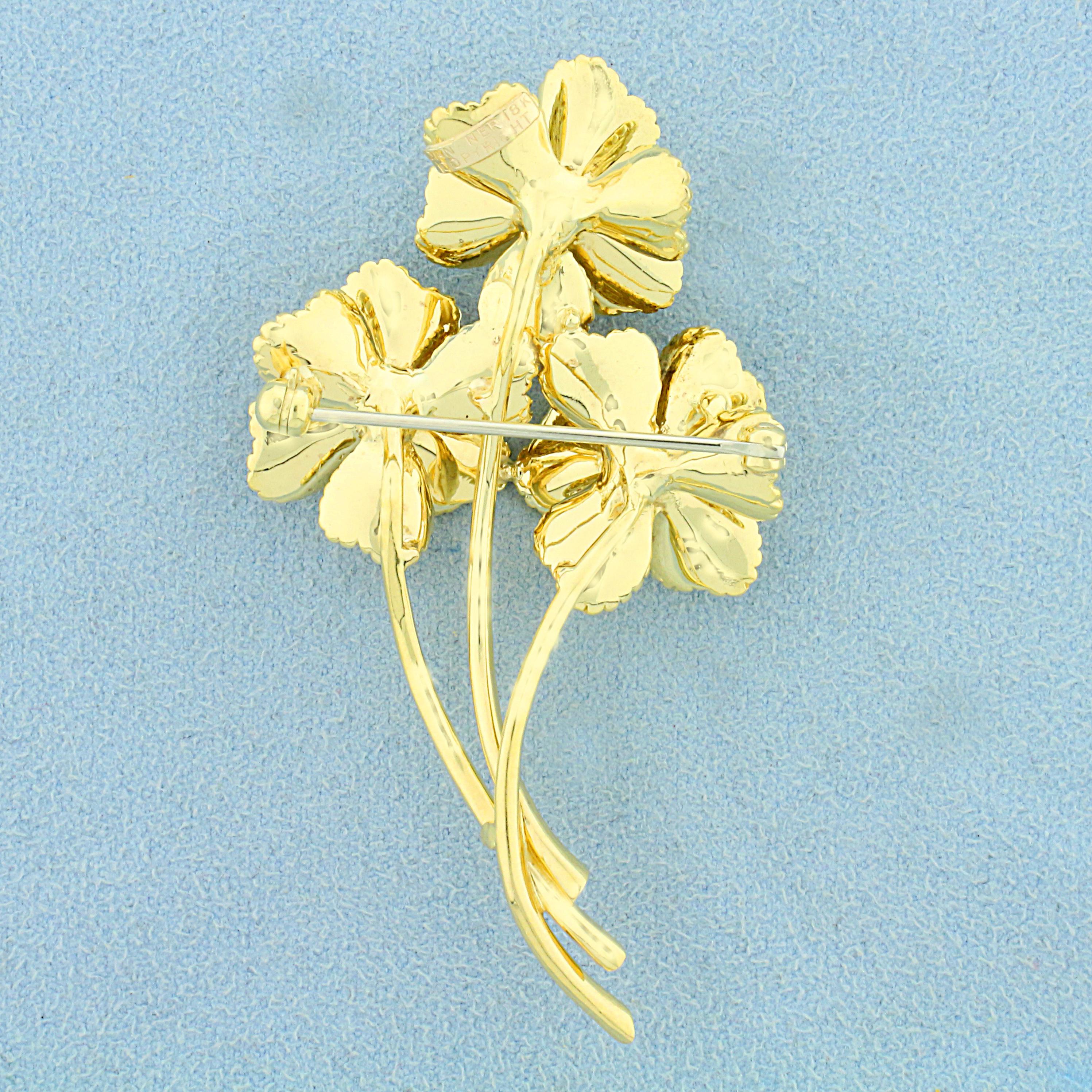 Designer Dankner Flower Pin With Emerald, Sapphire, Ruby, And Diamond In 18k Yellow Gold
