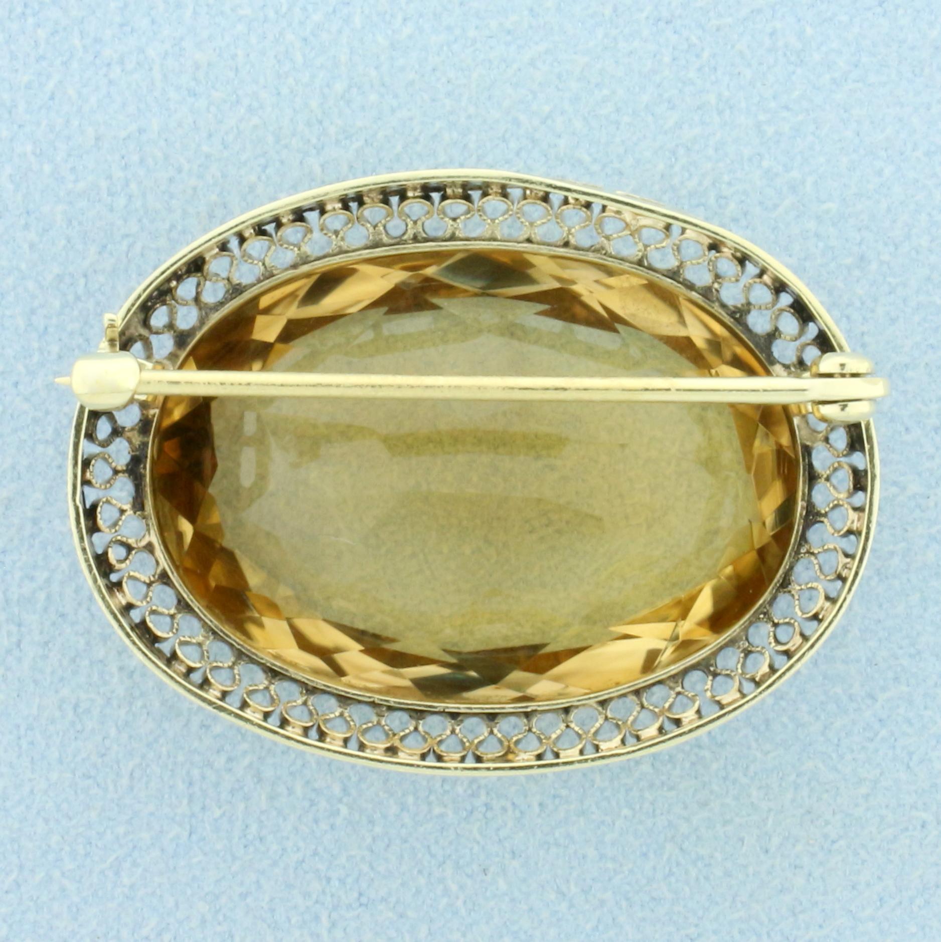 Vintage Citrine Statement Pin In 14k Yellow Gold