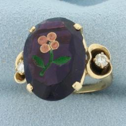 Hand Painted Amethyst And Diamond Ring In 14k Yellow Gold
