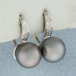 Tahitian Pearl And Diamond Earrings In 14k White Gold