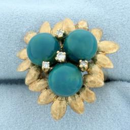 Jade And Diamond Flower Ring In 14k Yellow Gold