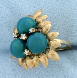 Jade And Diamond Flower Ring In 14k Yellow Gold
