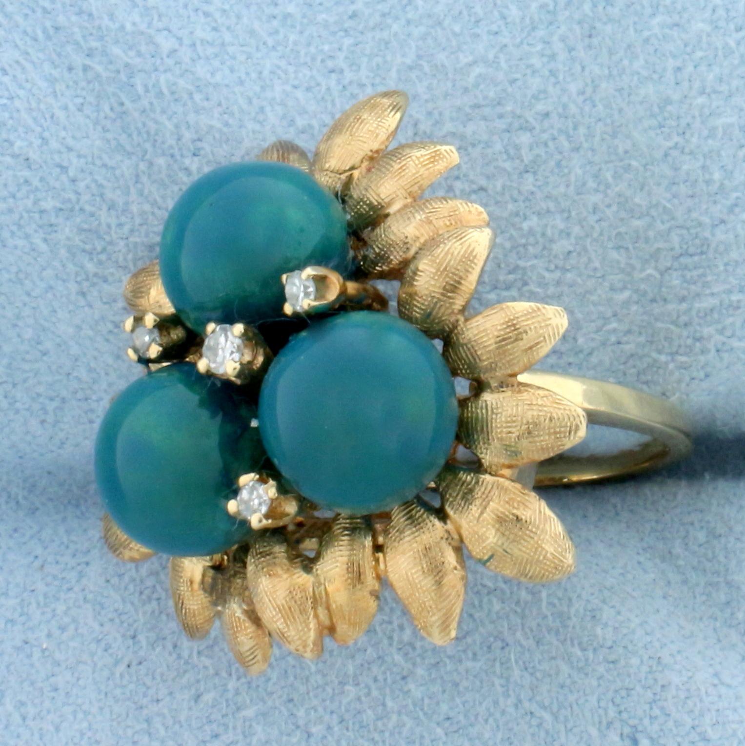 Jade And Diamond Flower Ring In 14k Yellow Gold