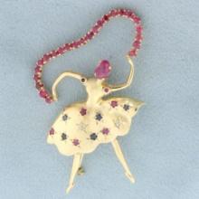 Ballerina Dancer Pin With Ruby, Sapphire, And Diamonds In 14k Yellow Gold