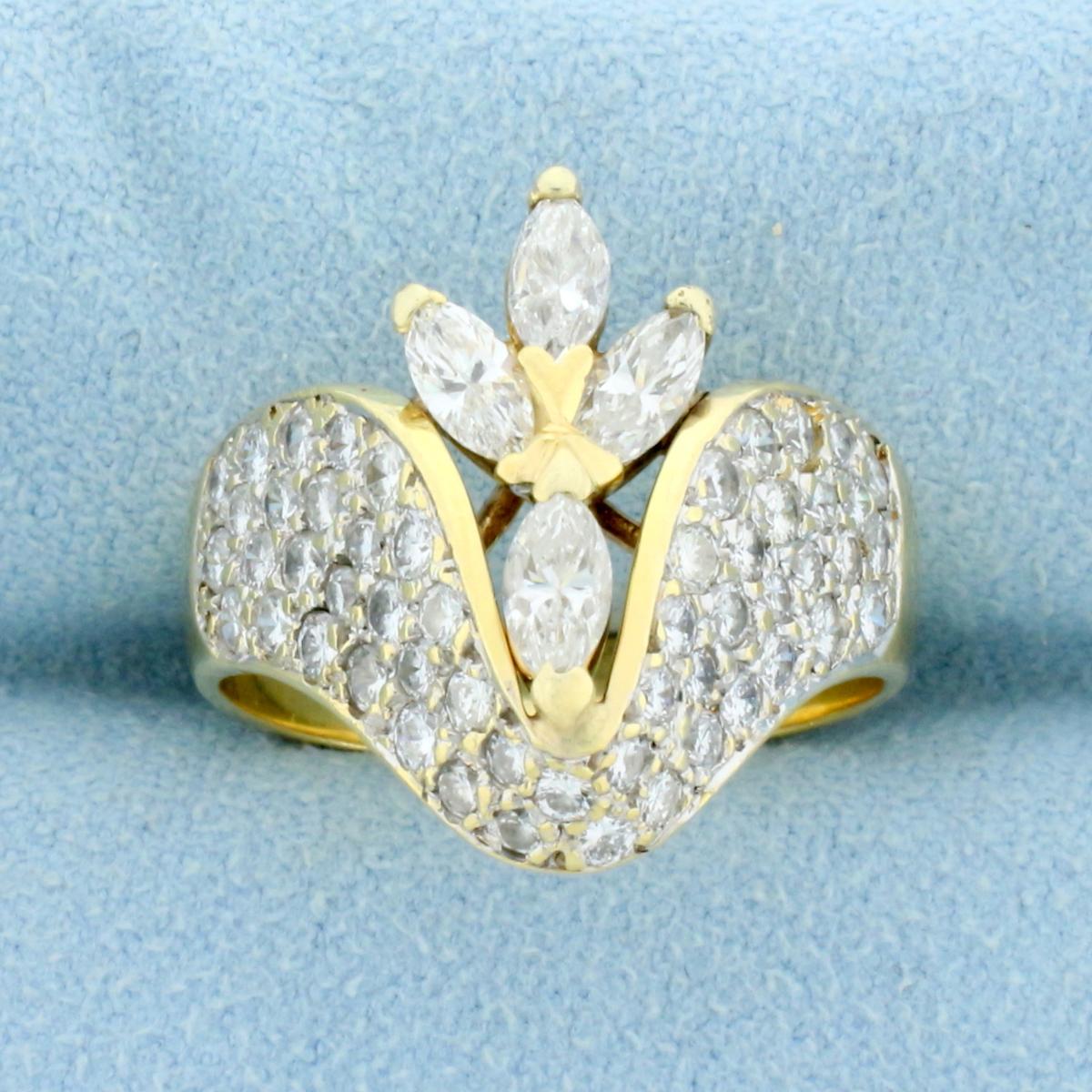 Designer Marquise And Round Diamond Ring In 14k Yellow Gold
