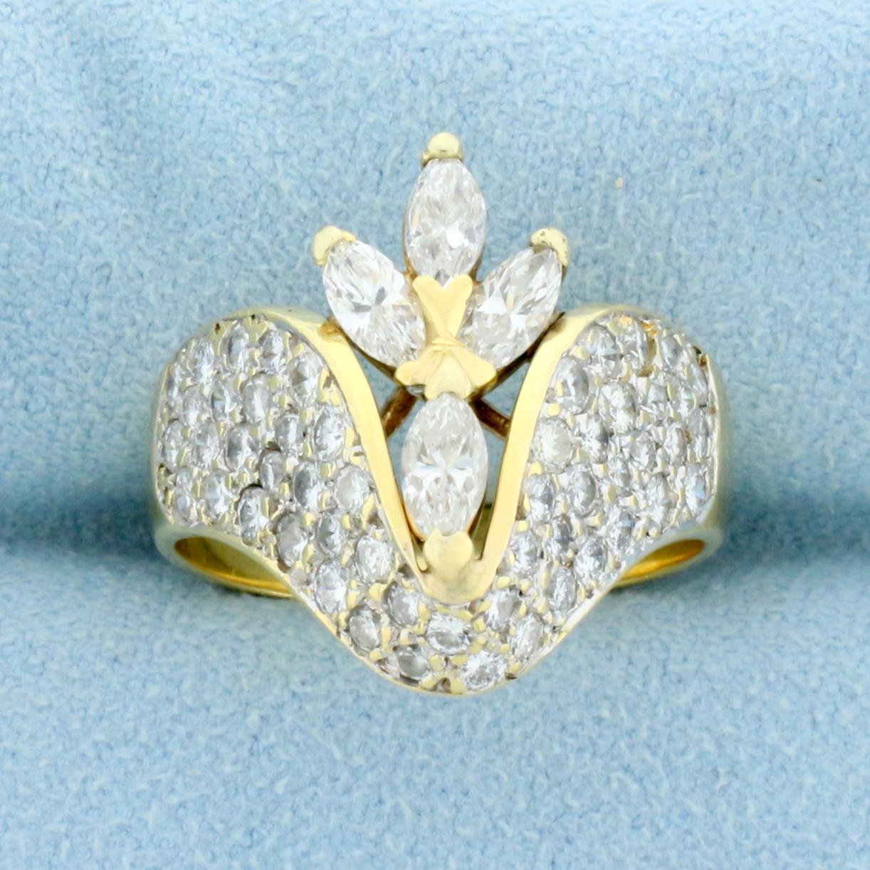 Designer Marquise And Round Diamond Ring In 14k Yellow Gold