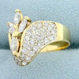 Designer Marquise And Round Diamond Ring In 14k Yellow Gold