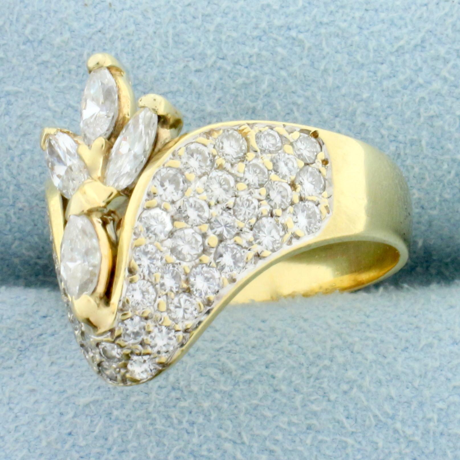 Designer Marquise And Round Diamond Ring In 14k Yellow Gold