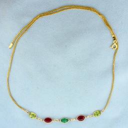 Emerald, Ruby, And Peridot Necklace In 14k Yellow Gold