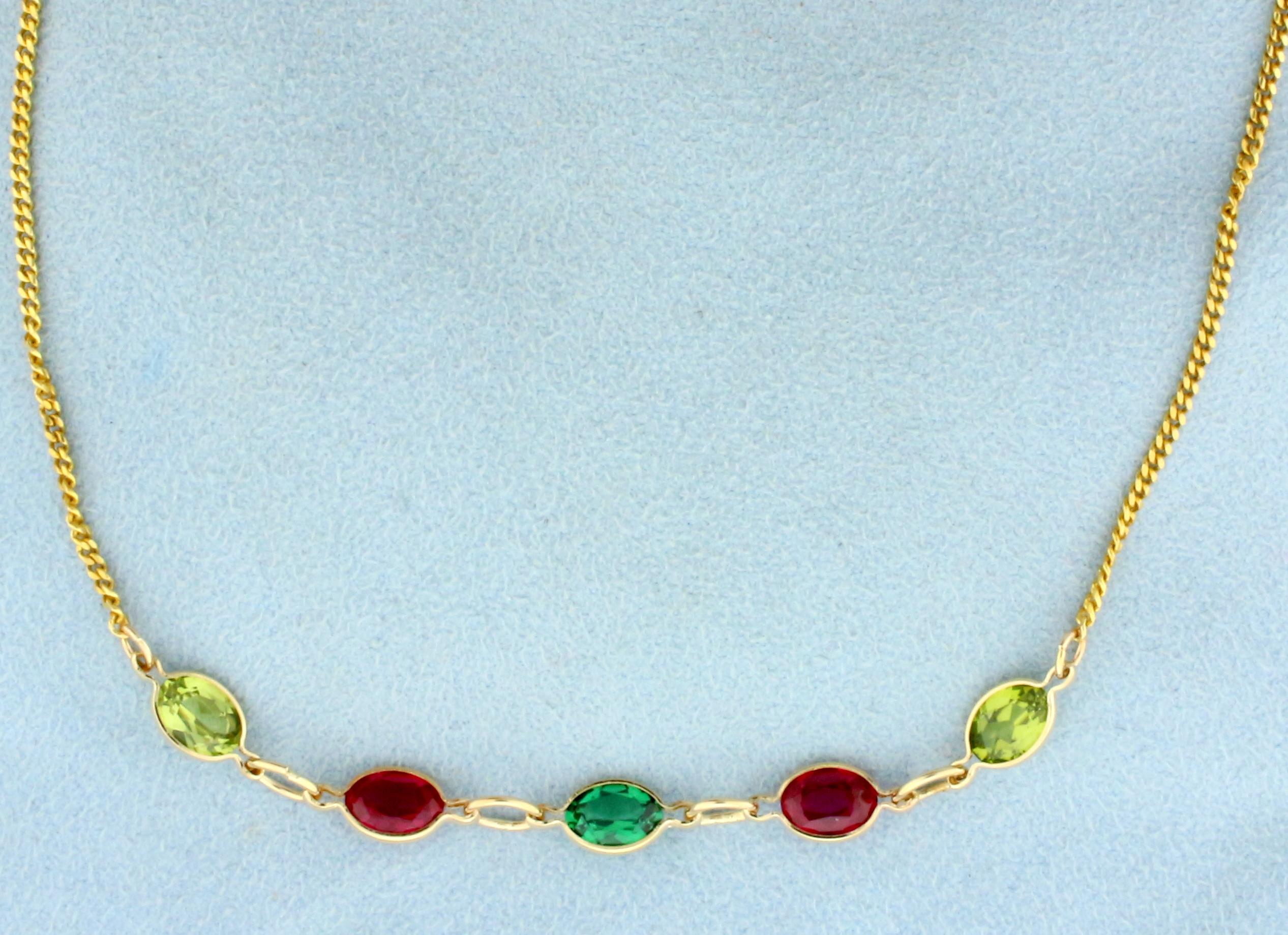 Emerald, Ruby, And Peridot Necklace In 14k Yellow Gold