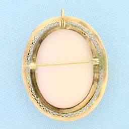 Antique Hand Carved Shell Cameo Pendant Or Pin In 10k Yellow Gold