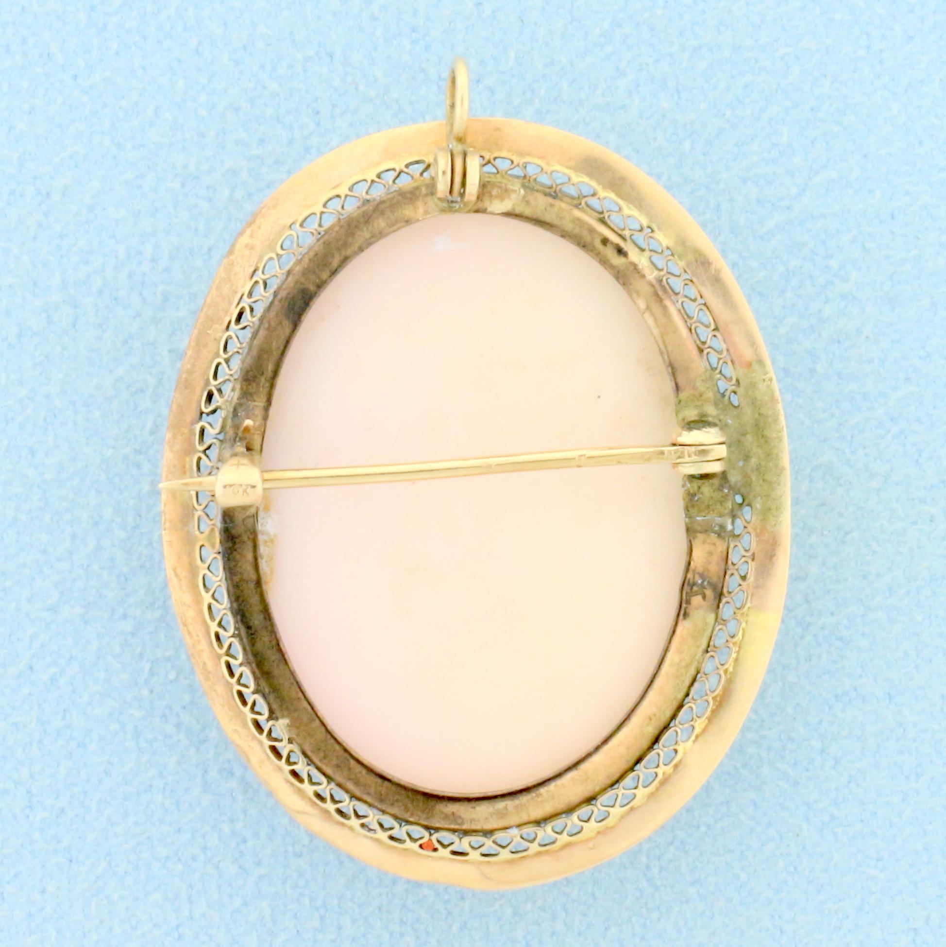 Antique Hand Carved Shell Cameo Pendant Or Pin In 10k Yellow Gold
