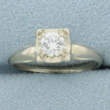 Vintage Diamond Solitaire Engagement Ring In 14k White Gold