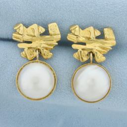Designer Dangle Mabe Pearl Dangle Earrings In 18k Yellow Gold