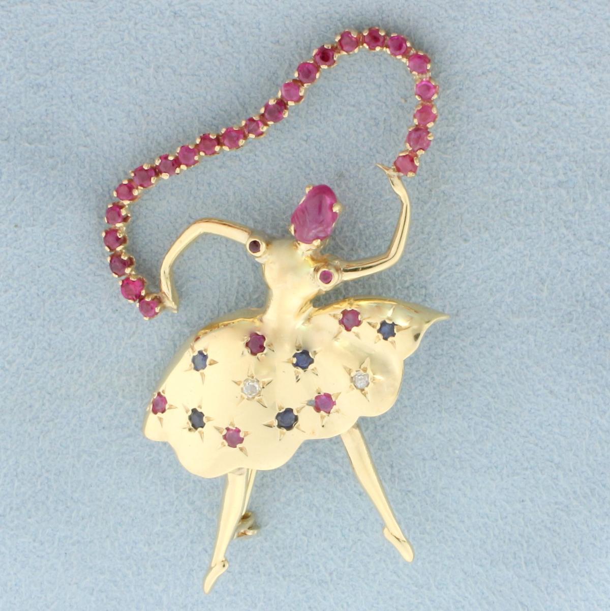 Ballerina Dancer Pin With Ruby, Sapphire, And Diamonds In 14k Yellow Gold