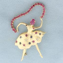 Ballerina Dancer Pin With Ruby, Sapphire, And Diamonds In 14k Yellow Gold