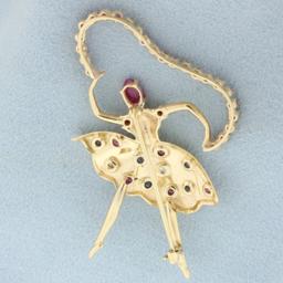 Ballerina Dancer Pin With Ruby, Sapphire, And Diamonds In 14k Yellow Gold