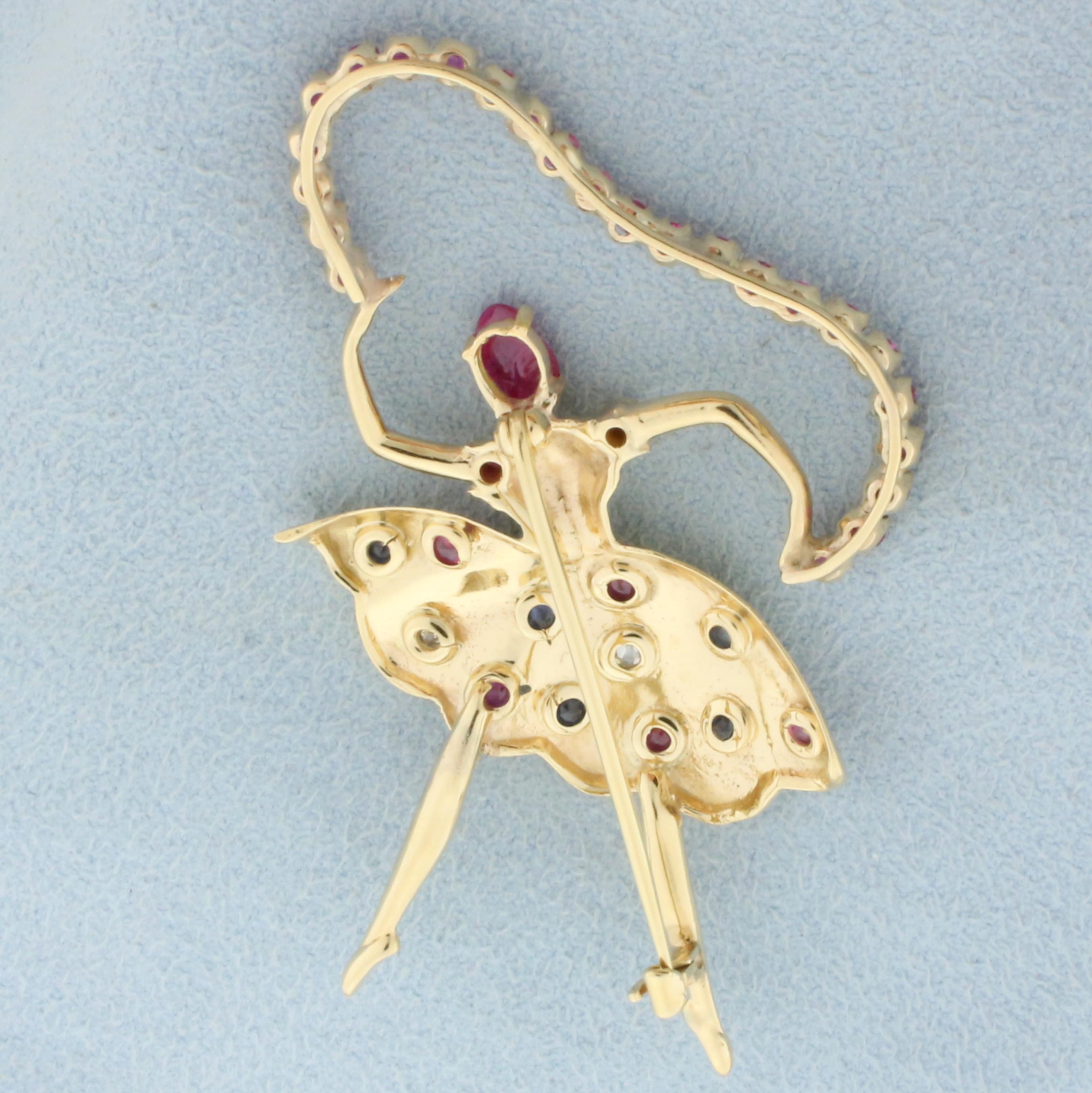Ballerina Dancer Pin With Ruby, Sapphire, And Diamonds In 14k Yellow Gold