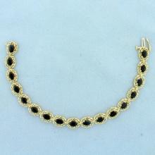 Vintage Filigree Natural Sapphire Line Tennis Bracelet In 10k Yellow Gold