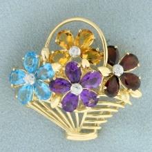 Rainbow Gemstone And Diamond Flower Basket Brooch In 14k Yellow Gold