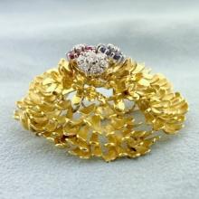 Designer Pinecone Ruby, Sapphire And Diamond Flower Brooch In 18k Yellow Gold