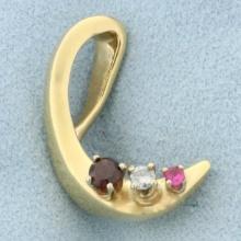 Abstract Designer Diamond Garnet And Topaz Swoosh Pendant In 14k Yellow Gold