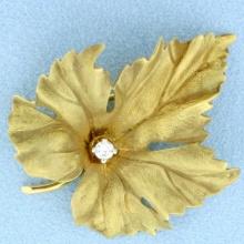 Numbered Designer Diamond Maple Leaf Brooch In 14k Yellow Gold